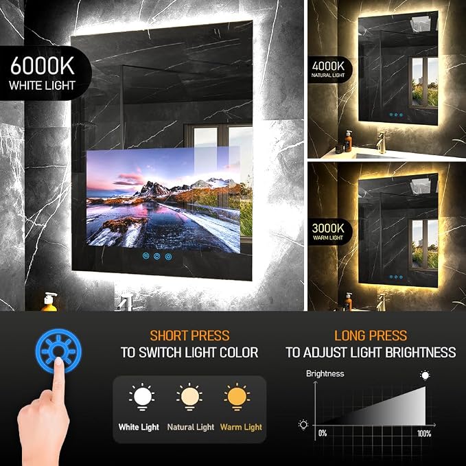 32"x24" Smart Waterproof Anti-Fog Vanity Mirror with 21.5" Touch Screen TV | Adjustable 3-Color LED, Bluetooth/WiFi/HDMI, Android OS, Streaming Apps, For Bathroom & Bedroom