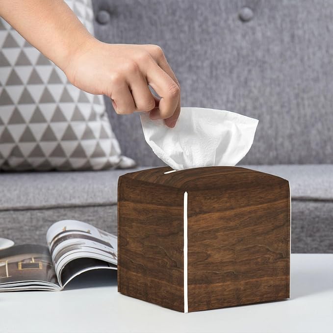 Bless You Tissue Box Cover Square,Wooden Board Texture Tissue Box Holder Waterproof Leather Facial Paper Organizer Dispenser for Bathroom Home Car Nightstand Vanity Desk