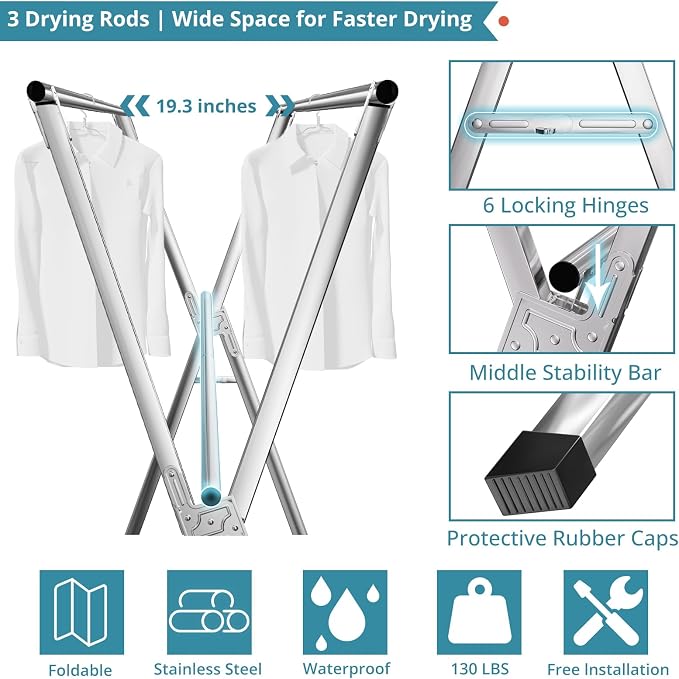 63 Inches Clothes Drying Rack, Drying Rack Clothing Folding Indoor Outdoor, Heavy Duty Stainless Steel Laundry Rack, Foldable Portable Large Clothes Rack Garment Rack with 20 Windproof Hooks