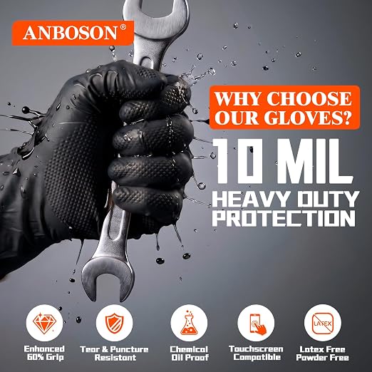 10 Mil Heavy Duty Mechanic Nitrile Gloves, Medium Black 200 Count | Diamond Grip,Latex Free,Chemical Resistant Disposable Thick Rubber Gloves for Auto Repair, Industrial, Food, Work ,BBQ,Men
