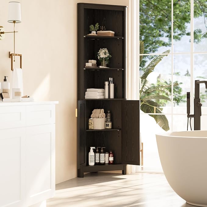 69" Tall Corner Shelf with Doors, 6-Tier Corner Storage Cabinet with Doors, Space Saver Shelf for Bathroom, Bathroom Floor Cabinet for Living Room Kitchen, Hallway