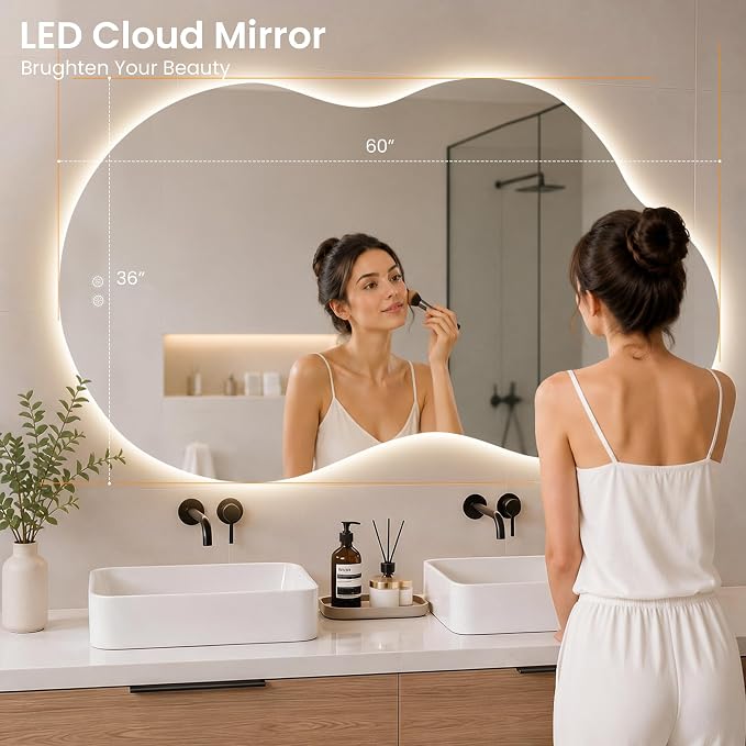 36" x 60" Irregular Backlit Bathroom Mirror, Anti-Fog | Tempered Glass, Cloud Shape, 3 Color Lighting, Stepless Dimming, Memory Function, HD Reflection, Wall Mounted