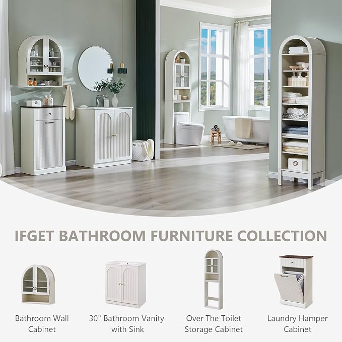 IFGET Bathroom Arched Wall Cabinet, 23.6'' Wide Medicine Cabinet with Adjustable Shelves & Glass Doors, Over The Toilet Storage Wall Mount Cabinet for Laundry Room,Kitchen & Living Room, Antique White