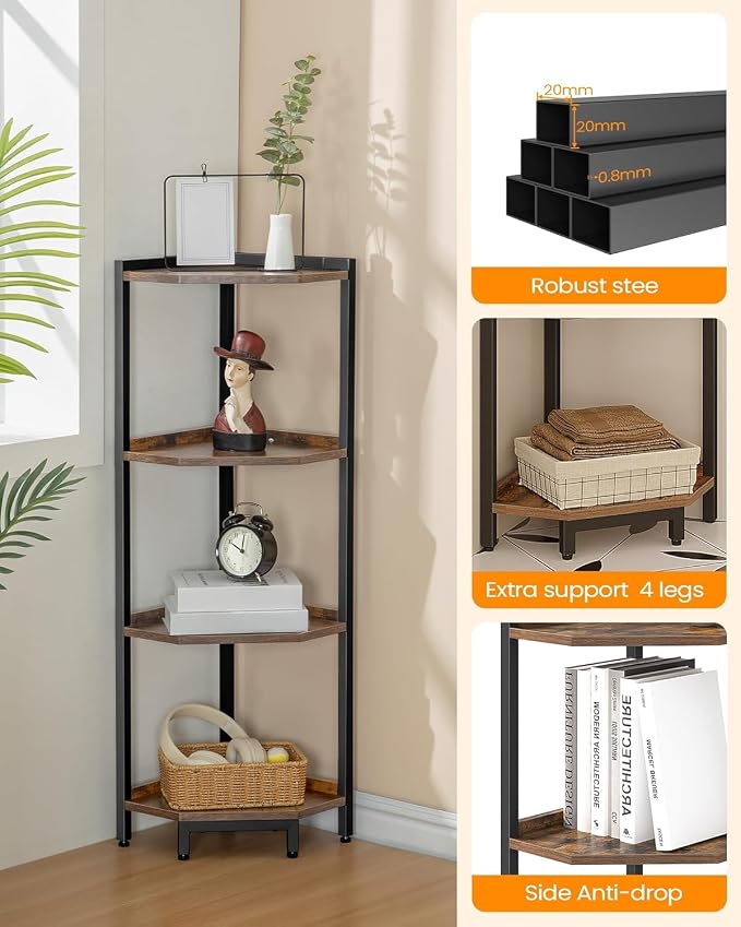 Hzuaneri Corner Shelf Stand 4-Tier Corner Bookshelf Storage Standing Shelf | Bookcase Plant Stand with Metal Frame for Living Room, Home Office, Bedroom, Black CS05801B