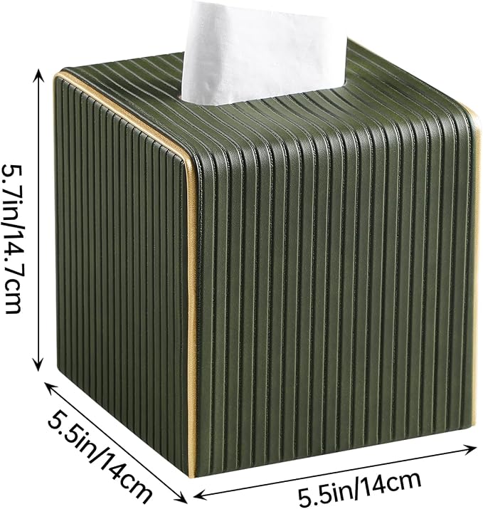 PU Leather Square Tissue Box Cover with Bottom, Olive Green | Fits All Standard Cube Tissue Boxes, Modern Fluted Decorative Tissue Box Holder for Bathroom, Bedroom, Office, Living Room