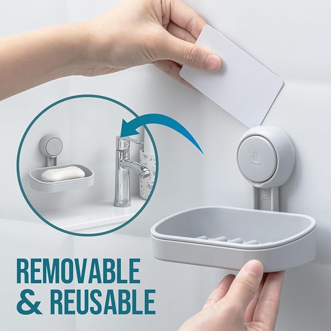 TAILI Soap Holder, Soap Dish for Shower Suction Cup, Bar Soap Holder, Grey | Removable Soap Holder Shower, Soap Tray for Shower Wall, Drill Free Sponge Holder, Bathroom & Kitchen, No drill