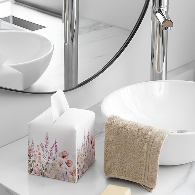 Spring Watercolor Flower Square Faux Leather Tissue Box Cover | Floral Tissue Holder, Spring Accessories, for Bathroom, Car, Office Desk, 5.3x5.3x5.3