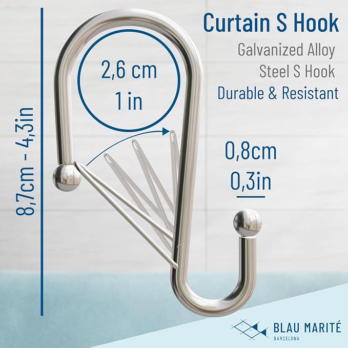 Set of 12 Silver Metal S Hook Shower Hooks 1” – Closed, Heavy Duty, Long Decorative Shower Curtain Hooks, Easy Glide, Buckle, Large Rust Resistant Rings for Bathroom Rods (Silver, S)