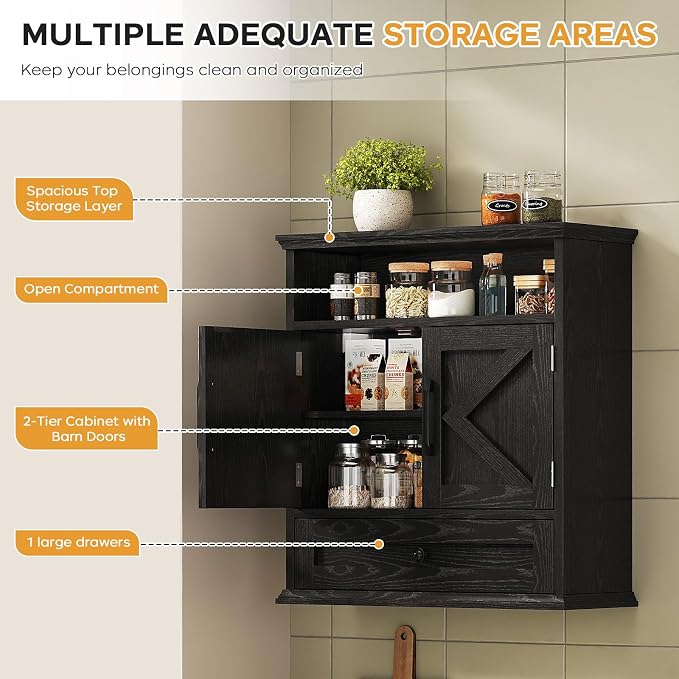 Bathroom Wall Cabinet, Wall Mounted Medicine Cabinet 24.4"H x 23.6"W x 9"D | With Drawer, Barn Doors & Adjustable Shelf, Black Over Toilet Farmhouse Storage Cabinet for Kitchen, Laundry Room, Entryway