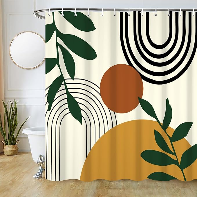 Boho Sun Shower Curtain with Hooks for Bathroom 72x78 Inch | Waterproof Mid Century Green Leaves and Arch Shower Curtain Set, Soft Beige Bathroom Decor