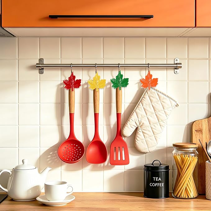 Fall Shower Curtain Hooks 12 Pcs Decorative Maple Leaf Rings Halloween | Resin Metal Standard Size, Smooth Gliding Rust Proof, Autumn Theme 12 Pack, Bathroom Thanksgiving Halloween Decor