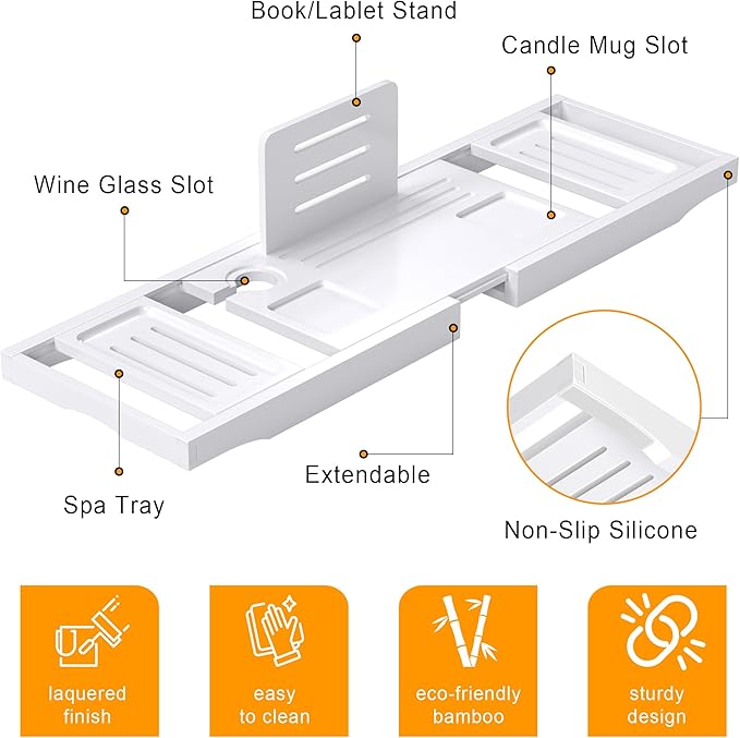Bathtub Tray Caddy, Bamboo Expandable Bath Tray for Tub | Foldable Bath Table Trays, Bathtub & Bathroom Accessories for New Home & Mothers, Birthday Gifts for Mom, White