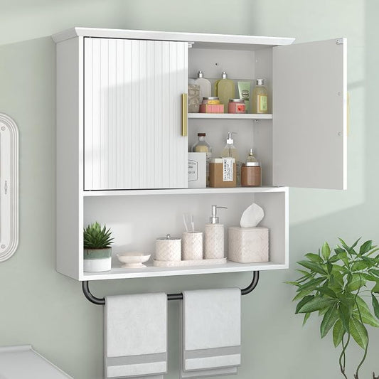 Wall Mounted Medicine Cabinet with Towel Bar & Adjustable Storage Shelf | White Space Saving Wood Bathroom Wall Cabinet 2 Doors for Laundry, Kitchen, Living Room