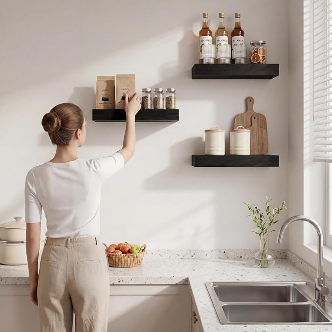 Marsmiles 8in Depth Floating Shelves, 8x8x1.4, Black, Set of 3 | Small Wall Mounted Square Shelves, Engineered Wood, Invisible Brackets, Living Room, Bedroom, Bathroom, Kitchen Decor