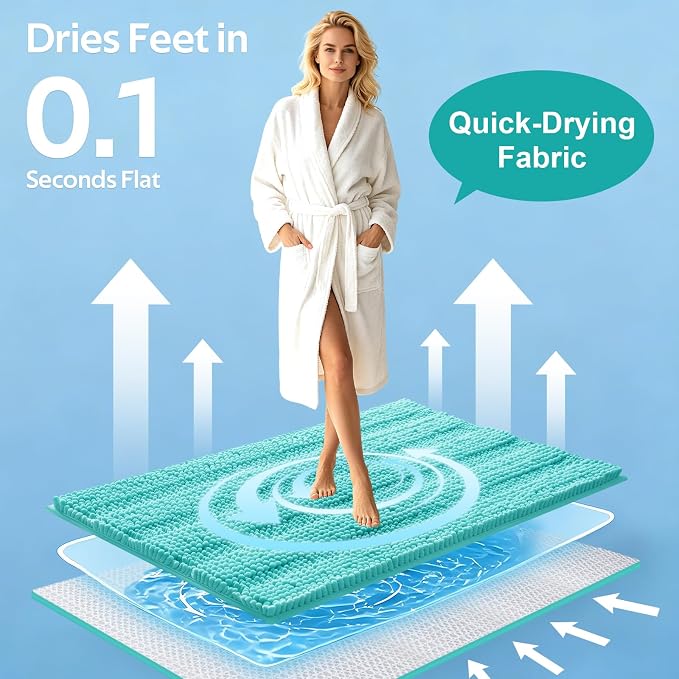 Striped Teal Green Bathroom Rug Set 3 Pieces Ultra Soft, Non Slip Chenille Toilet Mat, Absorbent Plush Shaggy Bath Mats for Bathroom, Bedroom, Kitchen, Turquoise