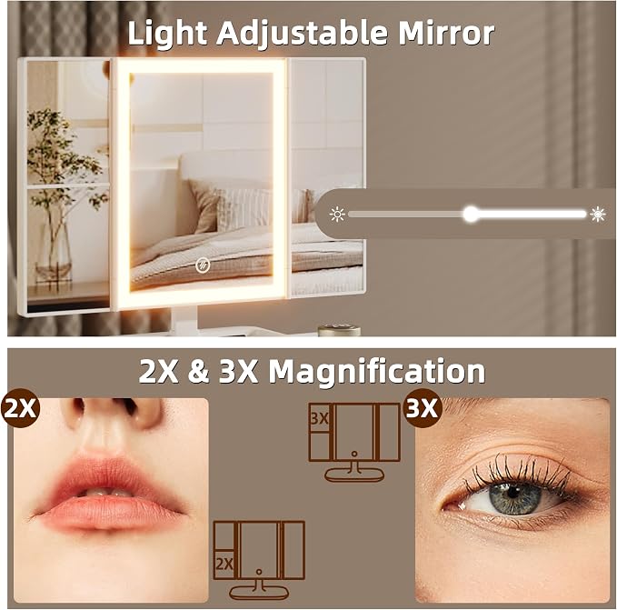 Small Makeup Vanity Desk 40''W with Mirror and Lights, 3 Drawers | USB Lighted Mirror, Height-Adjustable Stand, Fabric Drawers, Girls/Kids Gifts, Bedroom, Small Space, Dorm, White