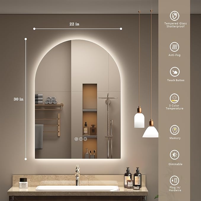 22x30 Inch Arched Backlit LED Mirror for Bathroom | Arch Lighted Vanity Mirror, Dimmable, Shatter-Proof, Anti-Fog, 3 Colors, Memory, ETL Listed