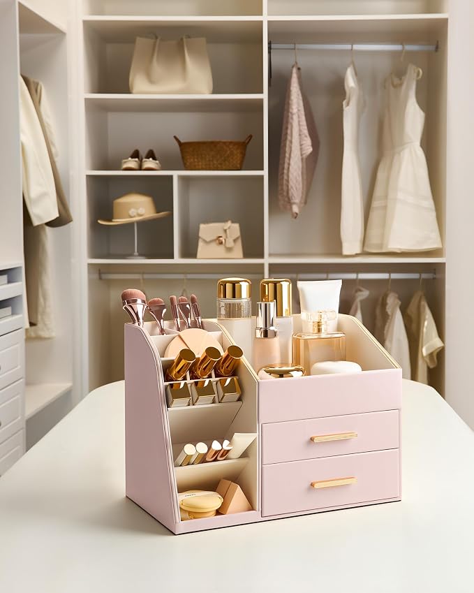 Lolalet Makeup Organizer Countertop with Drawers, Easy to Clean PU Leather Storage Box, 3-Layer Cosmetic Holder for Skincare, Lipstick, Perfume & Brush, Display Case for Vanity Dresser Bathroom - Pink