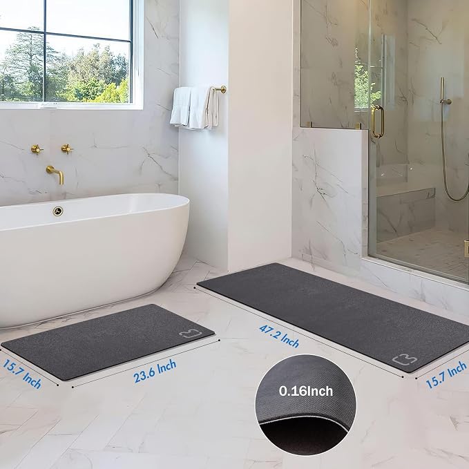 Bathroom Rugs and Mats Set 2 Piece Diatomaceous Earth Bath Mat,Dark Grey | Non Slip Rubber Backed Quick Dry Bathroom Rugs Super Absorbent Low Pile Diatomite Stone Bathroom Mat Fit Under Door Floors