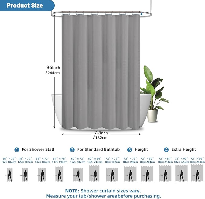 2-in-1 Waterproof Fabric Shower Curtain - No Separate Liner Needed, Hotel-Style Waffle Weave, Effortless Cleaning & Washable Bathroom Shower Curtain Set,72Wx96H,Grey