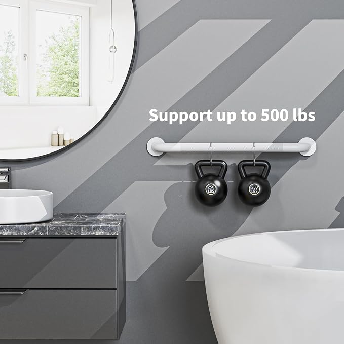 White Grab Bar 24 Inch, Grab Bar for Bathtub and Shower | Anti-Slip Knurled Grip, Stainless Steel, Bathroom Assist Handle Handrail, Handicap Support Bars for Toilet, 1.25" Diameter