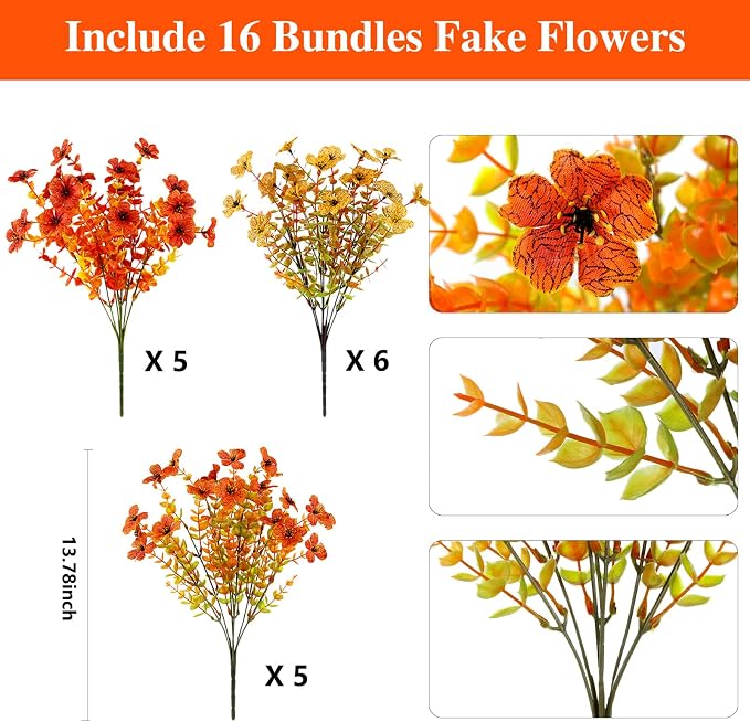 16PCS Artifcial Fall Flowers for Outdoor Decorations, Mix Orange | Realistic Orange Autumn Artificial Flowers, Porch Yard Fall Decor, Thanksgiving & Harvest Home Decorations