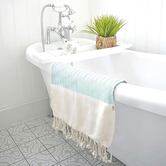 Beach Towel, 100% Cotton, 71x39 in, Herringbone Mint