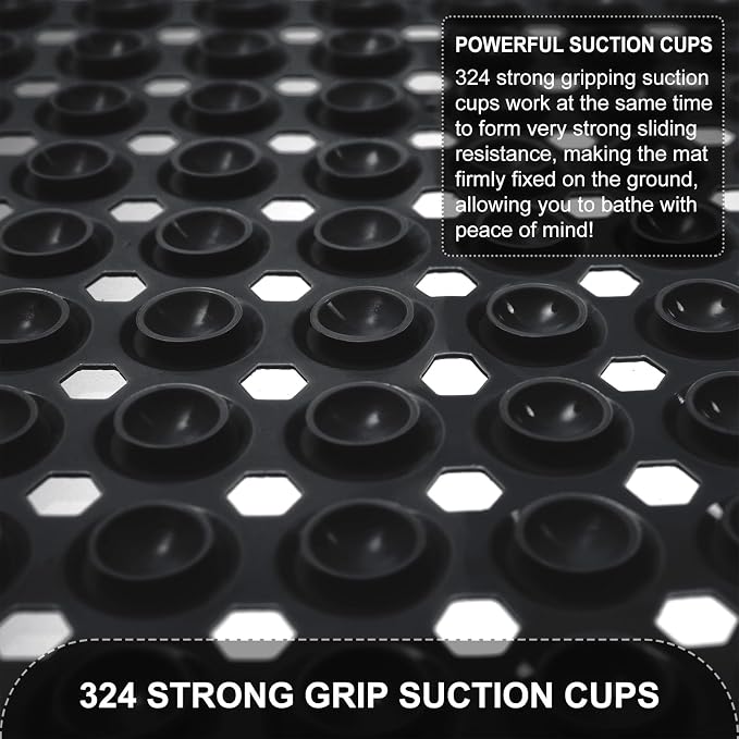 TEESHLY Bath Mat for Tub & Shower, Non Slip Soft Bathmat with Suction Cups & Drain Holes, Machine Washable Bathtub Floor Liner Mats for Bathroom, 35x16 Inch, Black