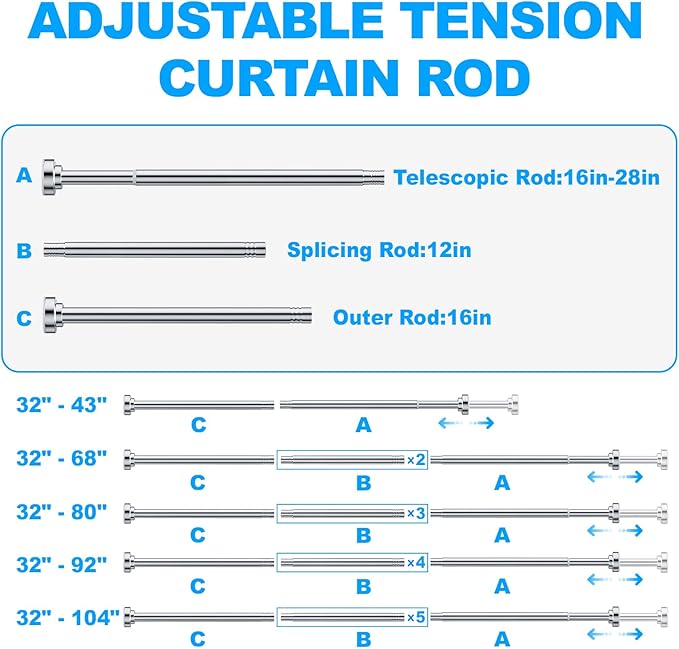 TEECK 2 Pack Shower Curtain Rod, 32-68 inch Adjustable Spring Tension Curtain Rod, Never Rust Anti-Slip Shower Curtain Rod for Bathroom, No Drilling, Never Collapse, Easy to Use, Silver
