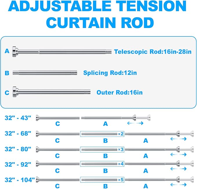 TEECK Shower Curtain Rod, 32-43 inch Adjustable Spring Tension Curtain Rod, Never Rust Anti-Slip Shower Curtain Rod for Bathroom, No Drilling, Never Collapse, Easy to Use, Silver