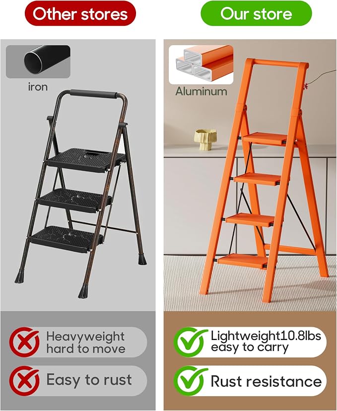 HillhutApex Aluminum 4 Step Ladder, Step Stool Foldable Ladder(Orange) | Stepladder with Handgrip,Anti-Slip Pedals,330lbs Capacity,Lightweight Portable Folding Ladder for Home,Office,Libaray