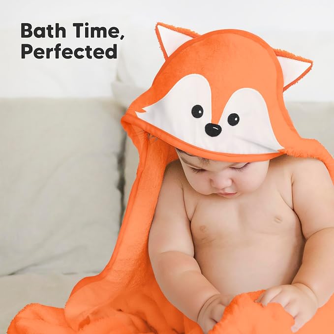 KeaBabies Hooded Baby Towel for Newborn, Baby Bath Towels (Fox, 30x30) | Viscose Derived from Bamboo, Large Baby Towels with Hood, Boys, Girls, Toddler, Soft Absorbent Baby Bath Essentials