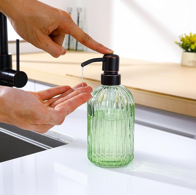 16Oz Green Glass Soap Dispenser with Rust Proof Bronze Stainless Steel Pump, Green Countertop Refillable Liquid Lotion Dispensers with Stainless Steel Pump, Oil Rubbed Bronze Soap Dispenser