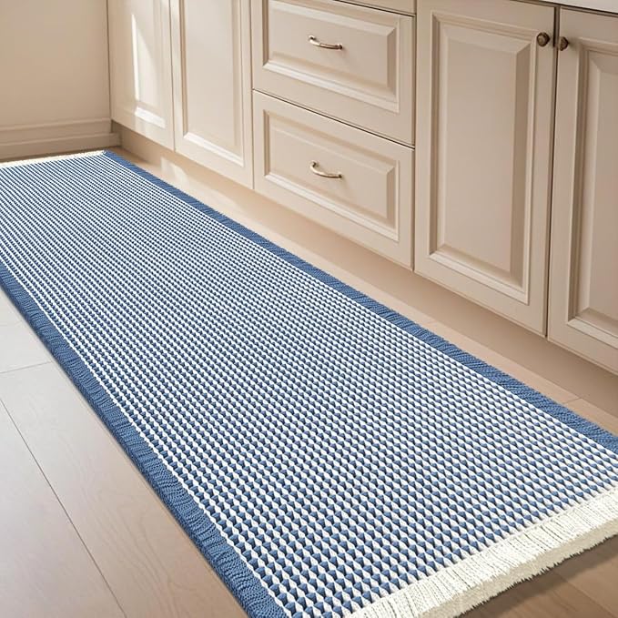 Waffle Bath Mat Blue & Cream 4'x2', Boho Woven Modern Bath Mat Rugs, Absorbent Non Slip Bathroom Rugs, Soft Washable Bath Rugs with Tassels for Bathroom, Bedroom, Kitchen, Shower, Tub