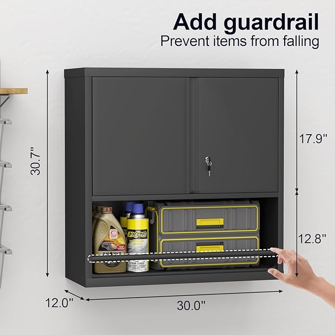 GREATMEET Locking Metal Garage Wall Cabinet with Doors and Shelf | 31" H Wall Mount Storage Cabinet, Steel Floating Hanging Utility Tool Cabinet for Garage System, Shop, Warehouse, Black