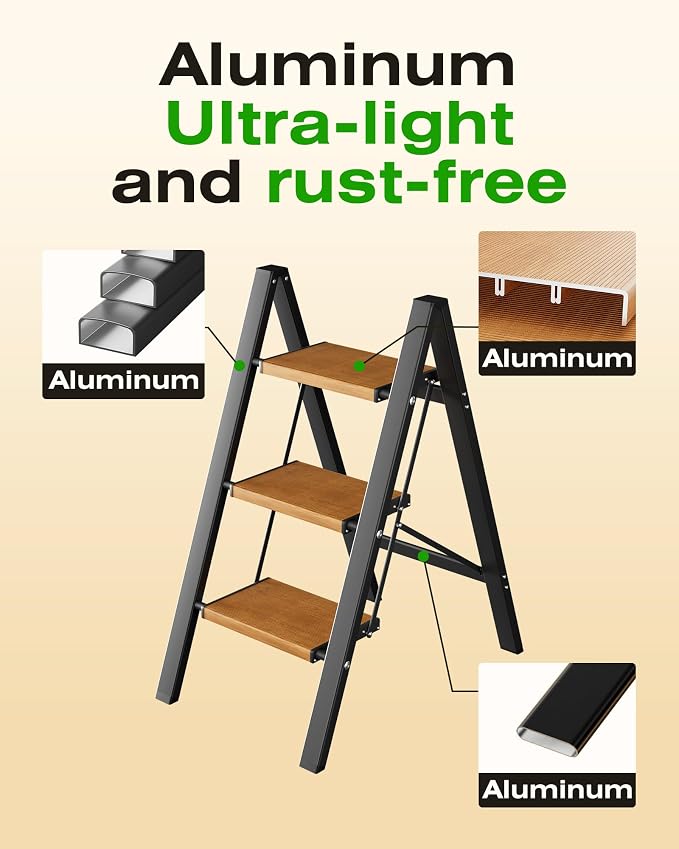 Taranta 3 Step Stool Foldable,Aluminum Step Ladder-BlackWoodgrain | Lightweight,Wide Anti-Slip Pedals,Folding Step Stool,330lbs Capacity for Household,Kitchen,Office