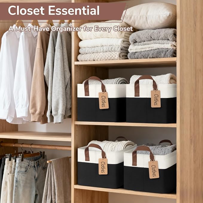 CHICVITA 4 Pack Foldable Closet Storage Baskets, Black & White | 14.8 × 10.3 × 8.3 in, Metal Frame, Leather Handles, Shelf Organization, Towels, Clothes, Linens & Toys Storage