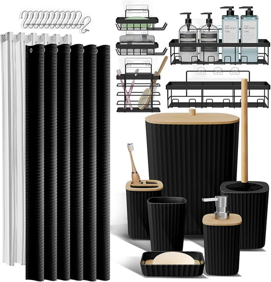 Clara Clark Black Bathroom Set, Shower Curtain Set and Shower Caddy Hanging | 25 Piece Bathroom Accessories Set with Toothbrush Holder, Soap Dispenser, Soap Dish, Toilet Brush, and Bathroom Trash Can