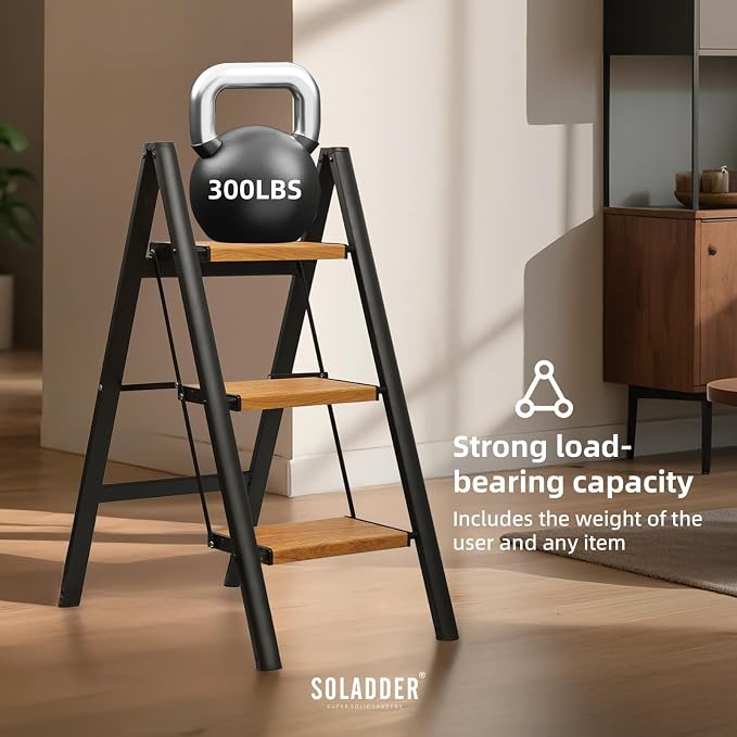 3 Step Ladder, Folding Step Stool, Black & Woodgrain | Wide Anti-Slip Steps and a Foldable, Space-Saving Design for Adults to Use in Kitchens, Closets, Library,300 lbs