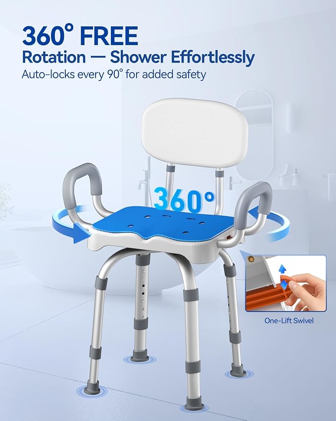 KingPavonini 360° Swivel Shower Chair for Inside Shower, 550 LB Heavy Duty | Stable Flat Tube Frame, Shower Chair for Elderly and Disabled, 360° Swivel with 90° Lock, M-Shaped Anti-Slip Seat, Tool-Free