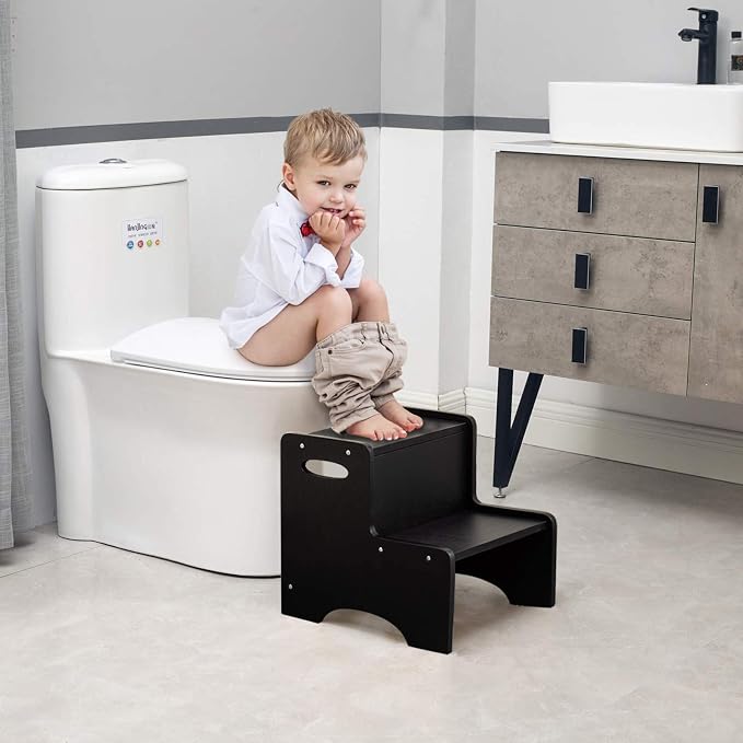 Toddler Step Stool, Wooden 2 Step Stools for Bathroom Sink Potty Training Kitchen Dual Height Stool Helper for Kids Bonus Non-Slip Pads and Handles for Safety (Black)