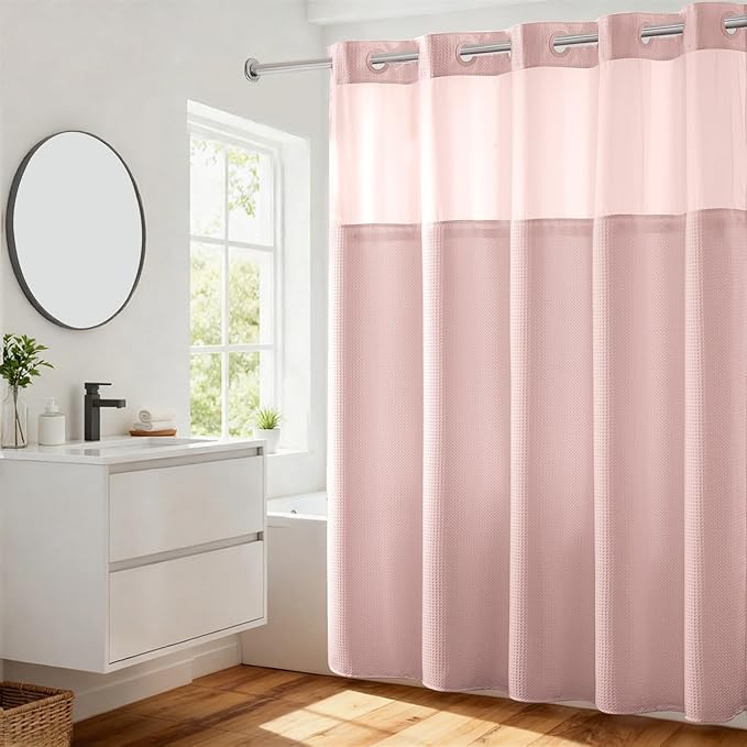 River Dream Waffle No Hook Shower Curtain with Liner,Light Pink,71x74 | Dotted Waffle,Snap-in Liner,Heavy Duty,Quick Dry,Mesh Top Window,With Bottom Magnets,Hotel-Grade,Washable,Standard Size