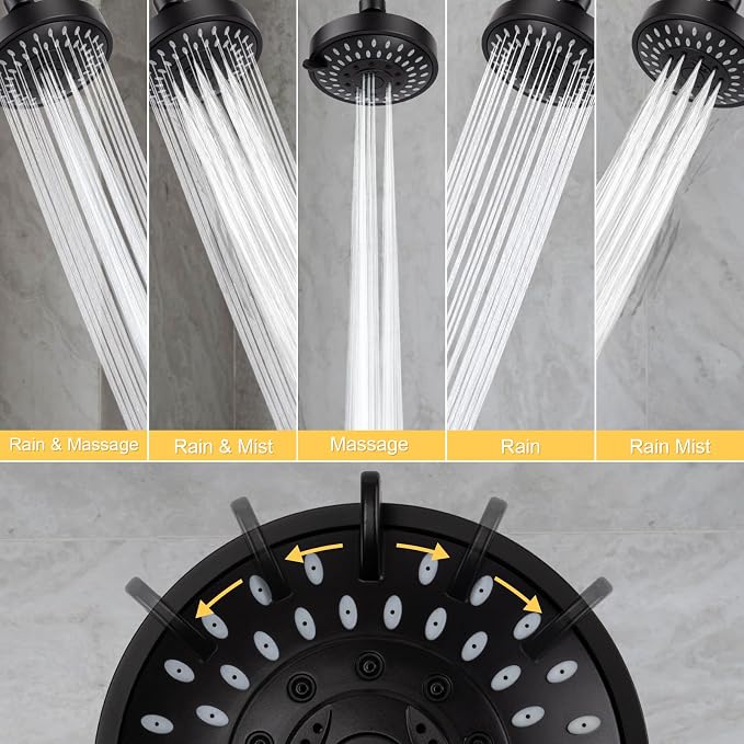 AISOSO High Pressure Rain Shower Head 2PCS 5 Modes 4.1 Inch Matte Black | Low Water Pressure Compatible, Powerful Spray Fixed Showerhead for a Relaxing Indoor & Outdoor Shower