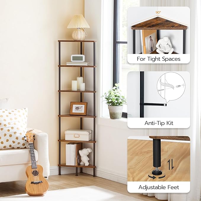 HOOBRO Corner Shelf Stand, Industrial 6-Tier Wall Corner Bookshelf with Metal Frame, Plant Display Shelf, Bookcase for Small Spaces, Bedroom, Living Room, Rustic Brown BF36CJ01