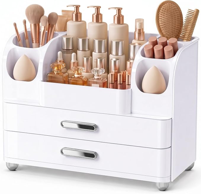 Large Makeup Organizer Countertop for Vanity Skincare Organizers | Cosmetic Display Cases with Drawers and Brushes Holders, Make up Organizers for Perfumes, Nail Polish, Lipsticks, All White