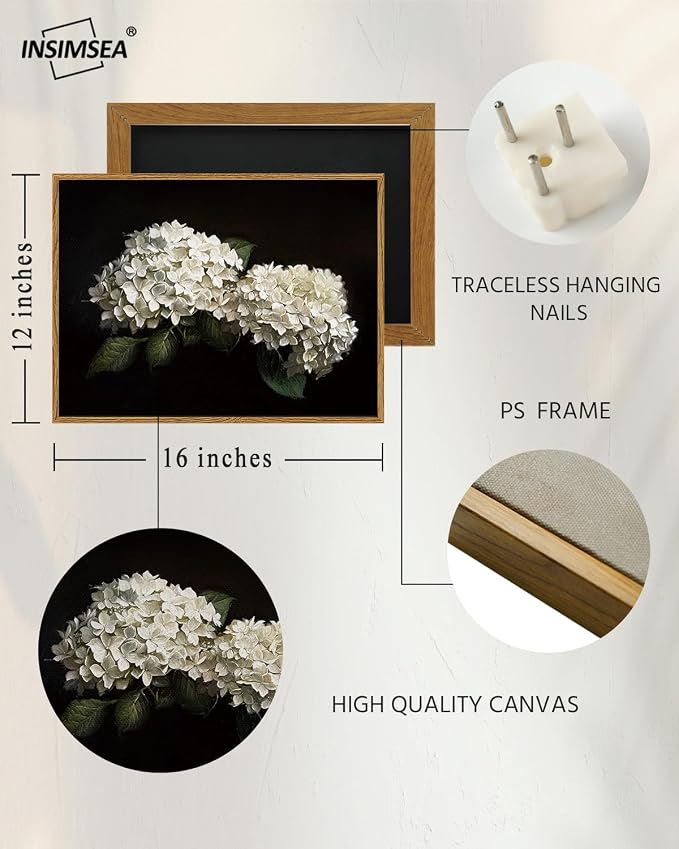 InSimSea Framed Canvas Prints Art Vintage Decor, Flower Moody Hydrangea Still Life Painting Room Decor Aesthetic, Farmhouse Art, Botanical Floral Wall Pictures for Bedroom Kitchen Shelf, 12x16inch