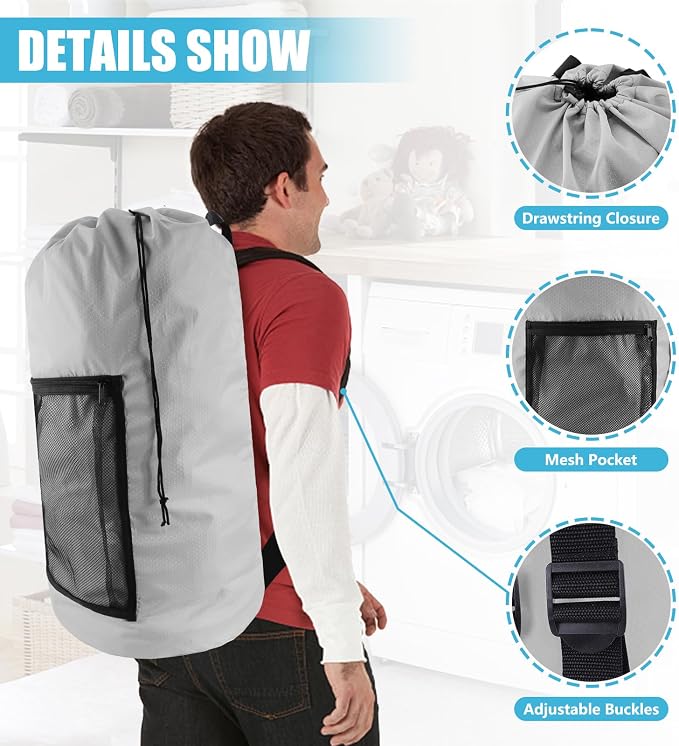 Olosar Laundry Bag Backpack, Extra Large Travel Laundry Bag with Mesh Pocket & Adjustable Shoulder Straps,Dirty Clothes Travel Bag for College Students Dorm,Apartment(Light Gray)