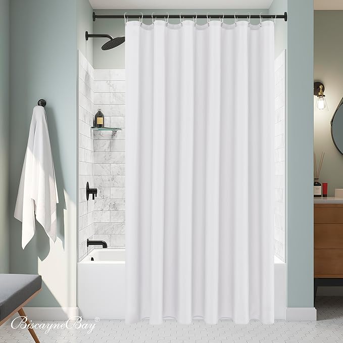 Biscaynebay Fabric Extra Wide Shower Liners for Clawfoot Tubs, White 180" by 72" Length, Water Resistant Fabric Rust Resistant Grommets Top Weighted Bottom Machine Washable