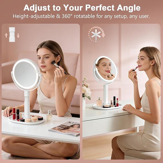 Rechargeable Lighted Makeup Mirror,10X Magnification, 8 Inch | 3 Adjustable Light Colors, Rechargeable Cordless Design, Adjustable Height, Storage Base with Phone Holder,Touch Control