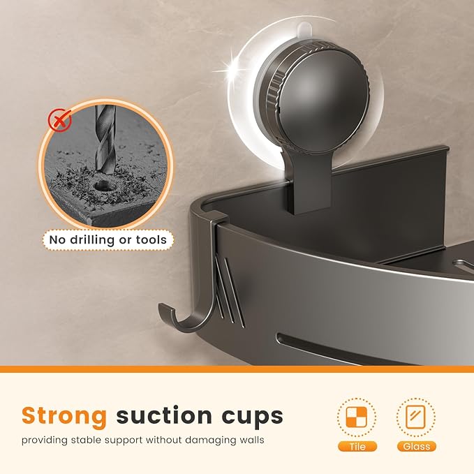 Triangular Corner Shower Caddy 2-Pack with Suction Cups and Hooks | Gun grey aluminum shower shelves for smooth corner walls; no drilling, suction cup mounting and built-in hooks